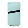 Light blue gaming console with black strip on a white background