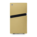 Gold gaming console with black accents on a white background