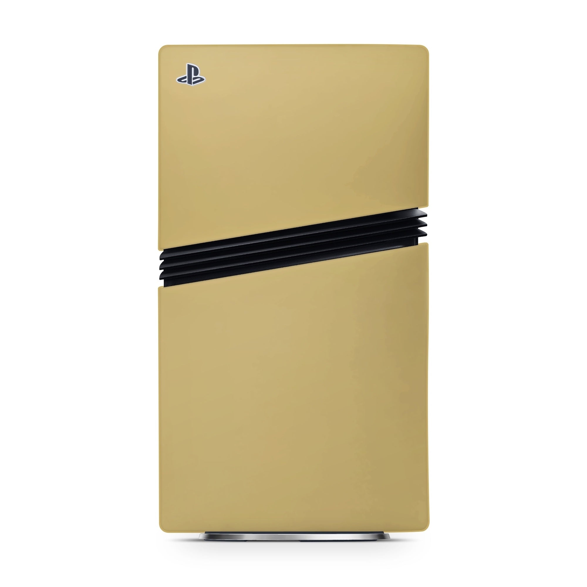 Gold gaming console with black accents on a white background