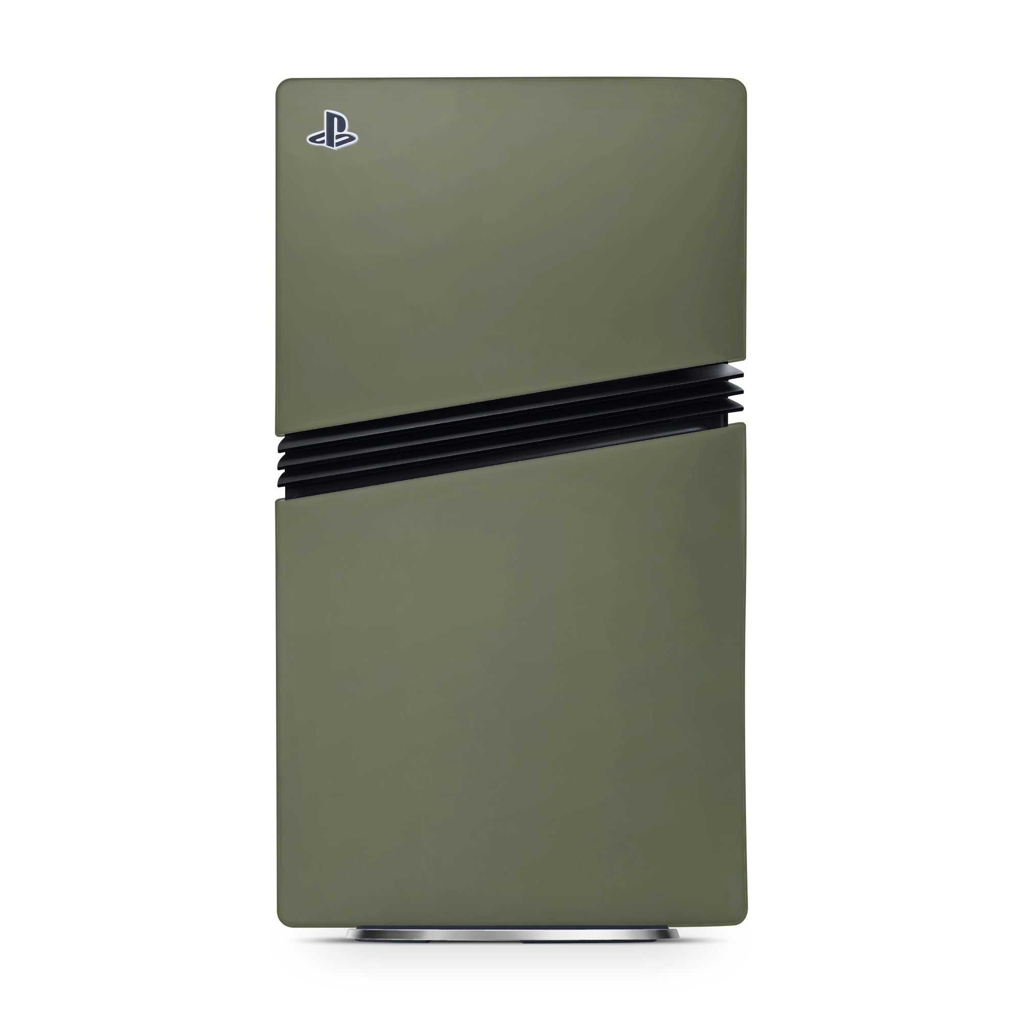 Green gaming console with a black stripe on a white background
