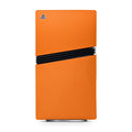 Orange gaming console with a black stripe on a white background