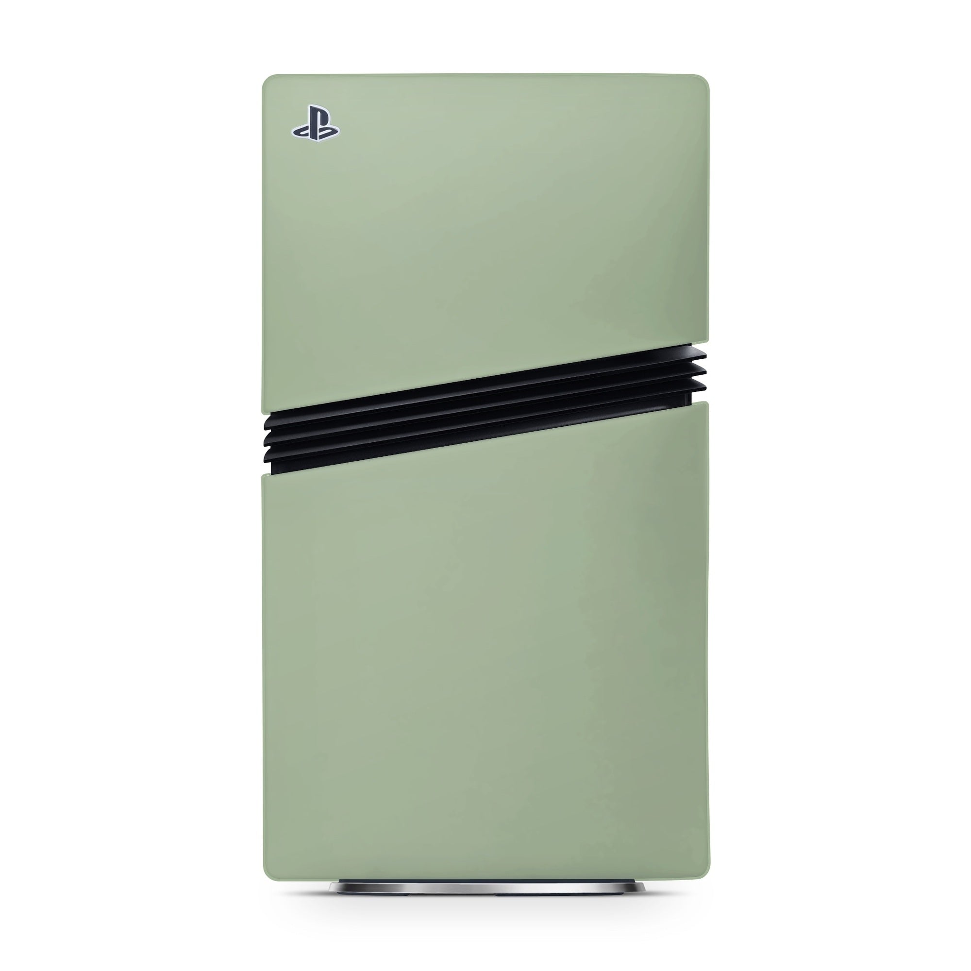 Green gaming console with a black stripe on a white background