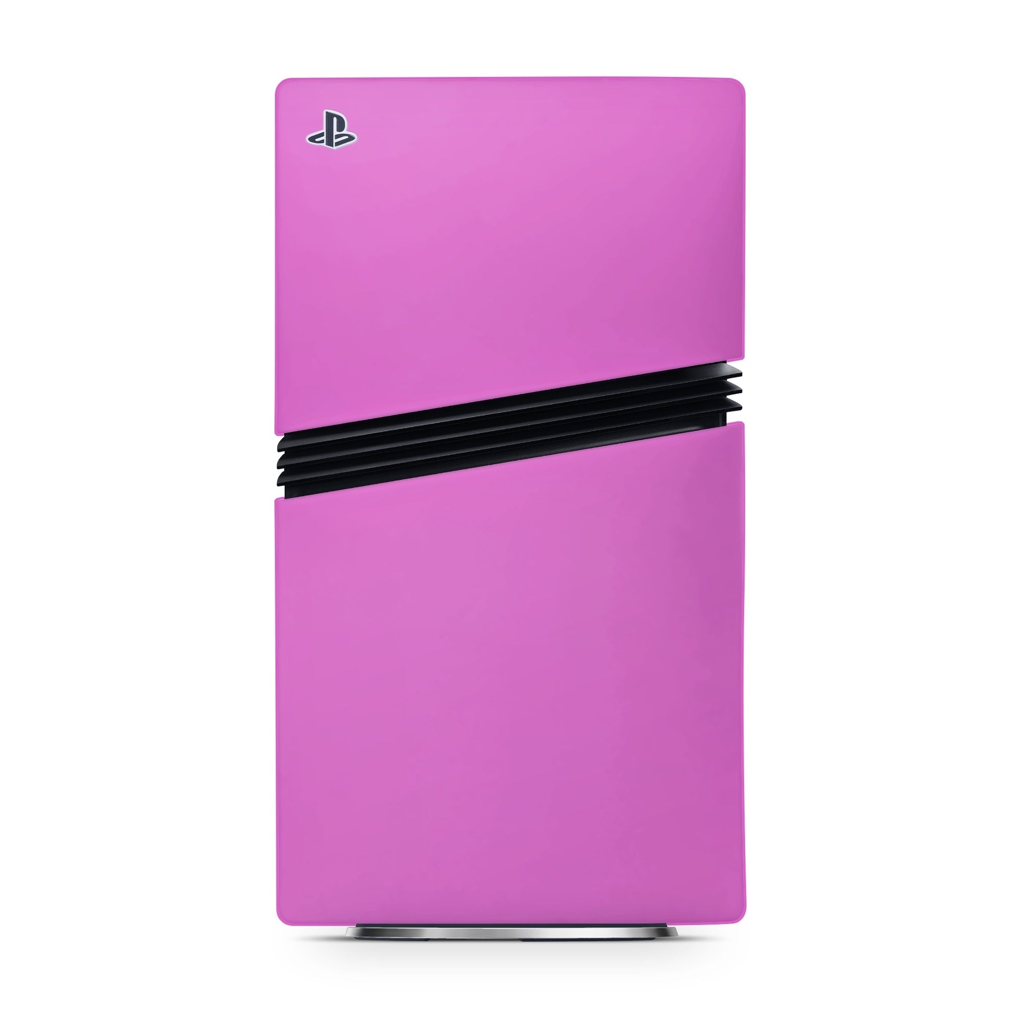 Pink gaming console with a black stripe on a white background