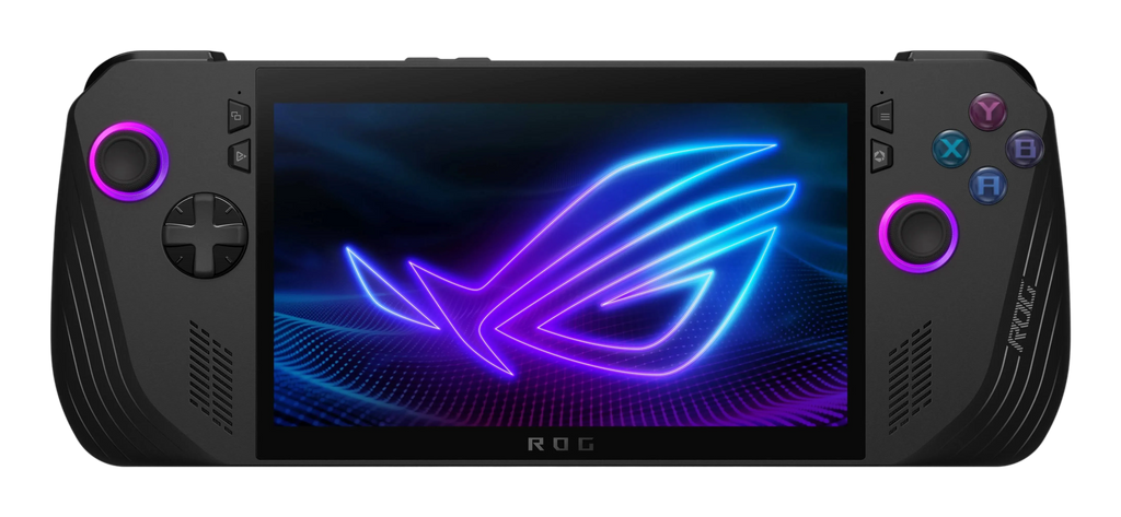 Gaming handheld device with ROG logo on screen