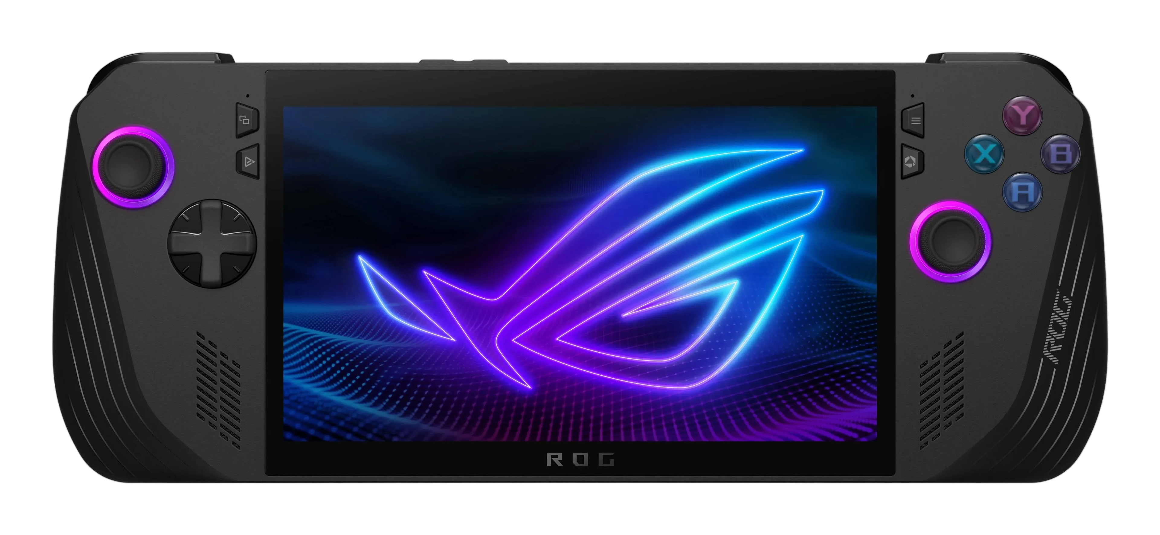 Gaming handheld device with ROG logo on screen