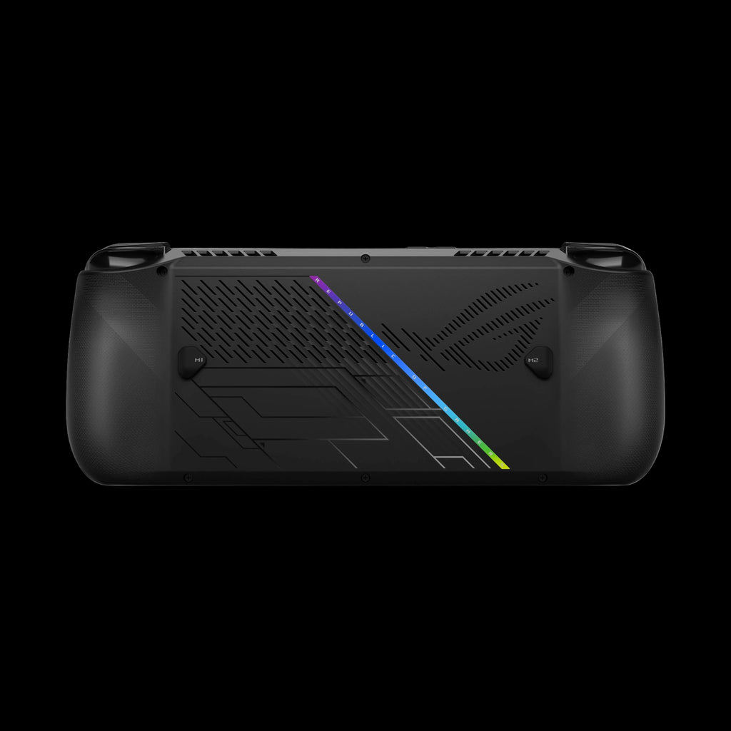 Black handheld gaming device with RGB lighting on a white background