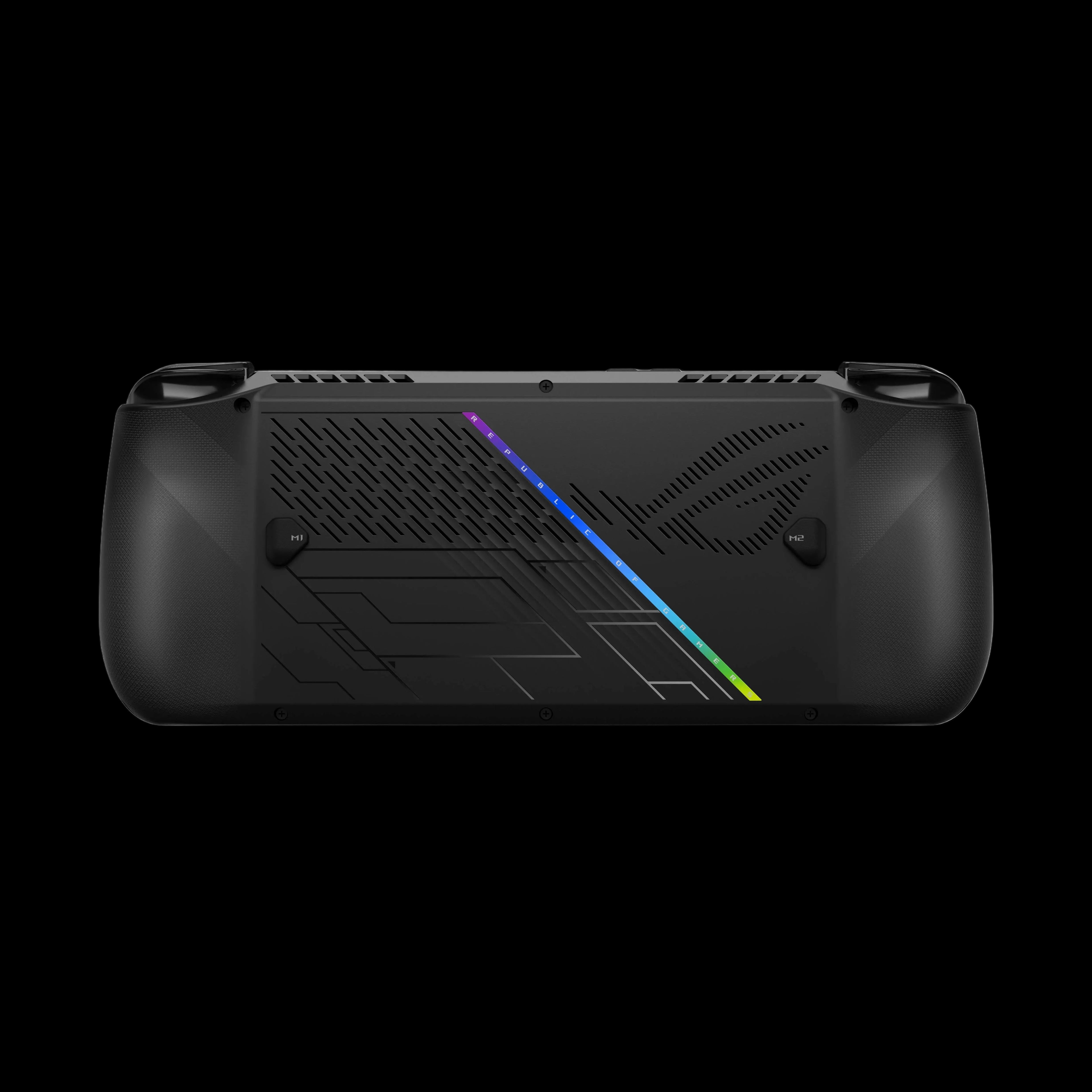 Black handheld gaming device with RGB lighting on a white background
