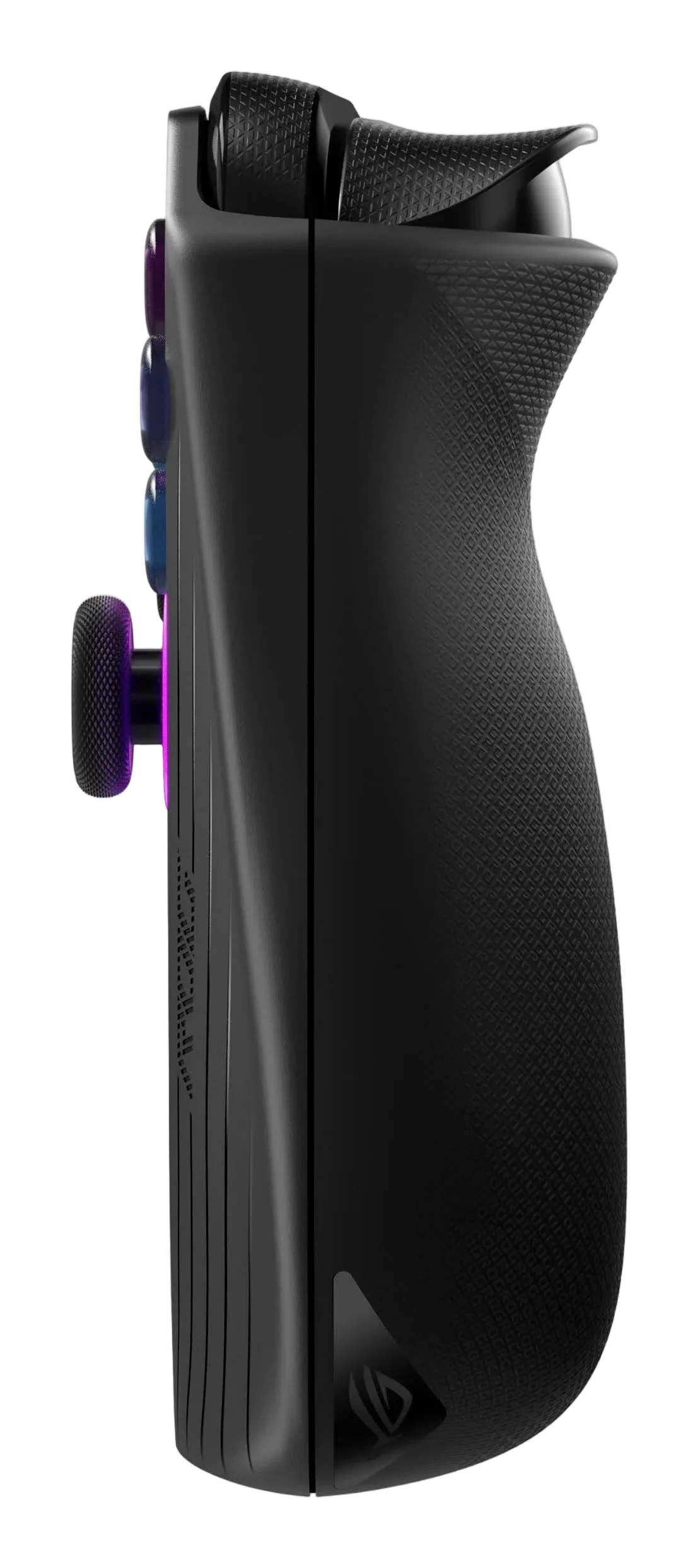 Black gaming controller grip with purple accents on a white background