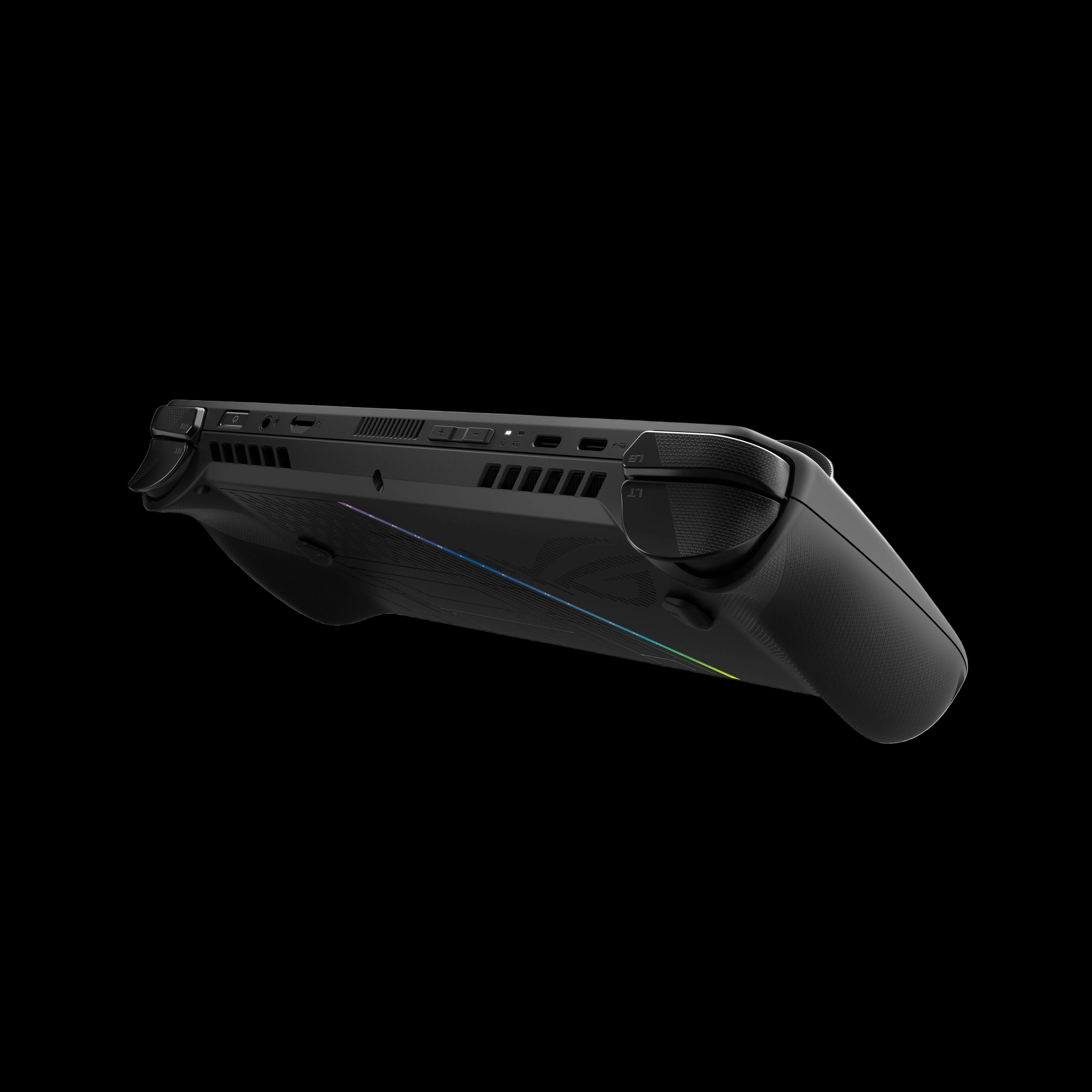Black gaming controller on a white background