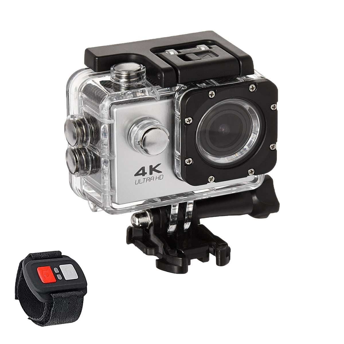 Action camera with 4K Ultra HD label and a remote control on a white background