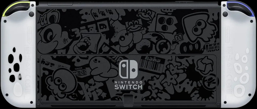 Nintendo Switch console with a black and white sticker design on the back