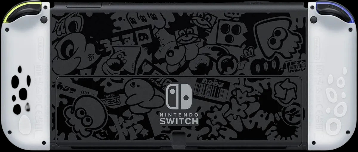 Nintendo Switch console with a black and white sticker design on the back