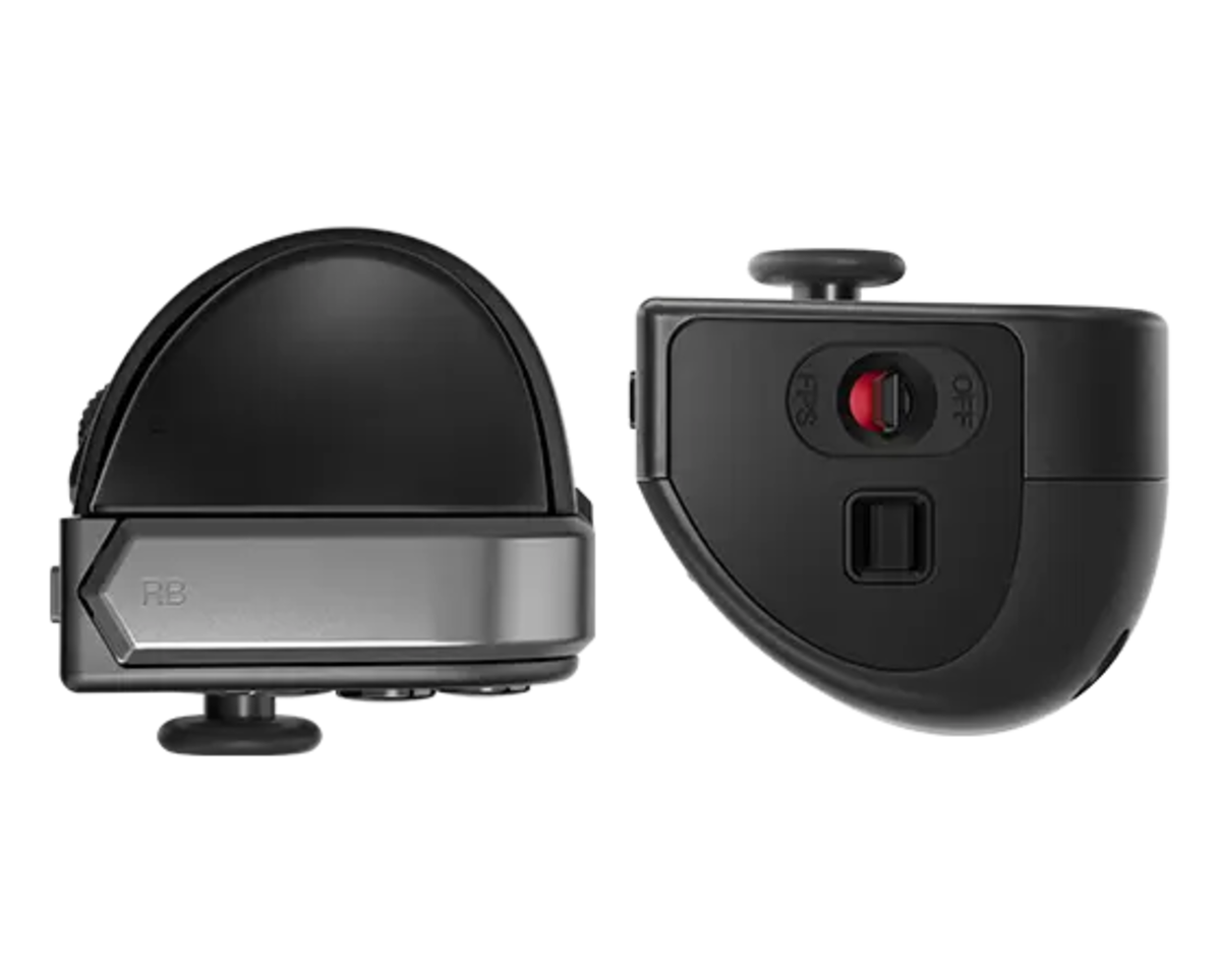 Two black electronic devices on a white background