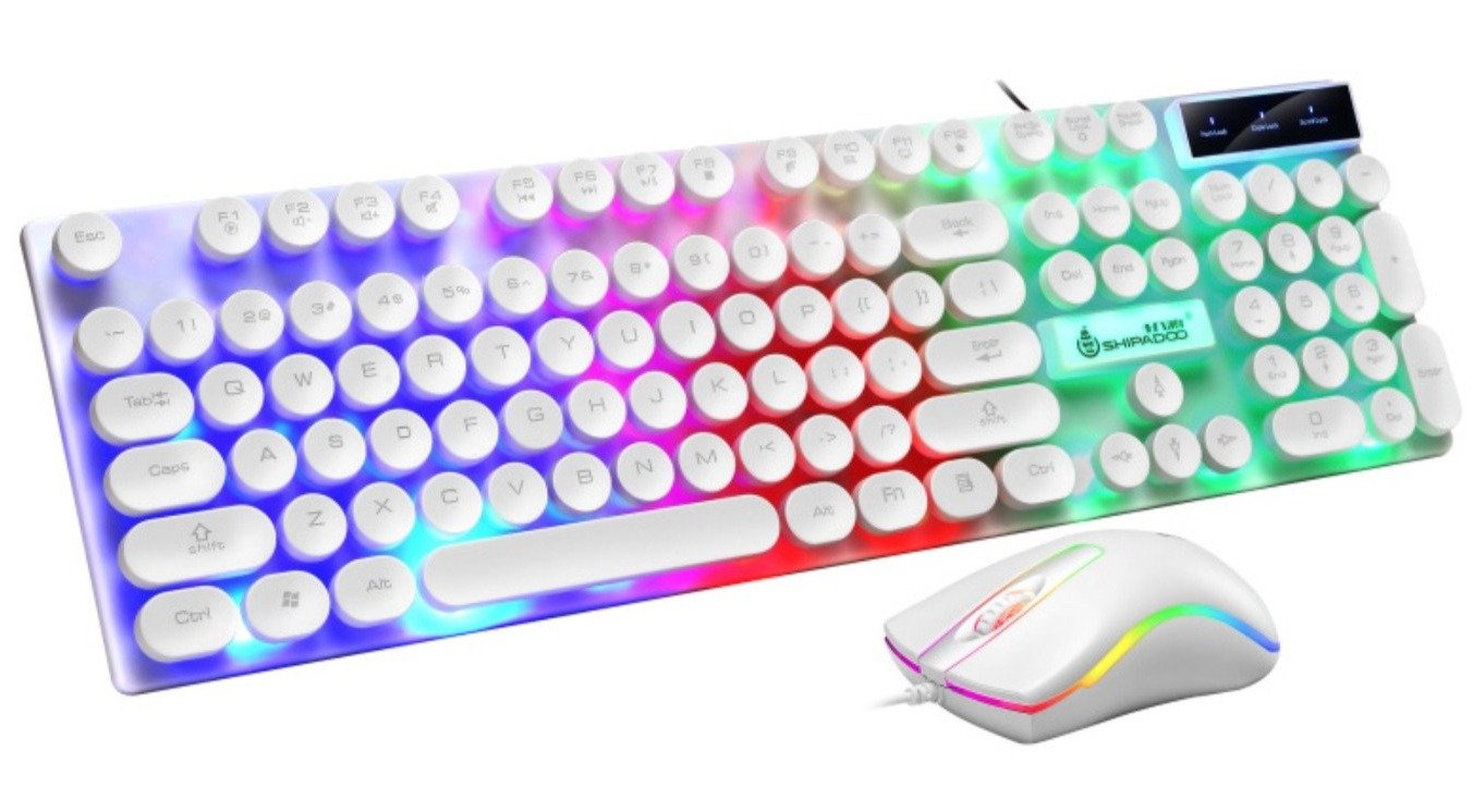 Colorful keyboard and mouse set with RGB lighting on a white background