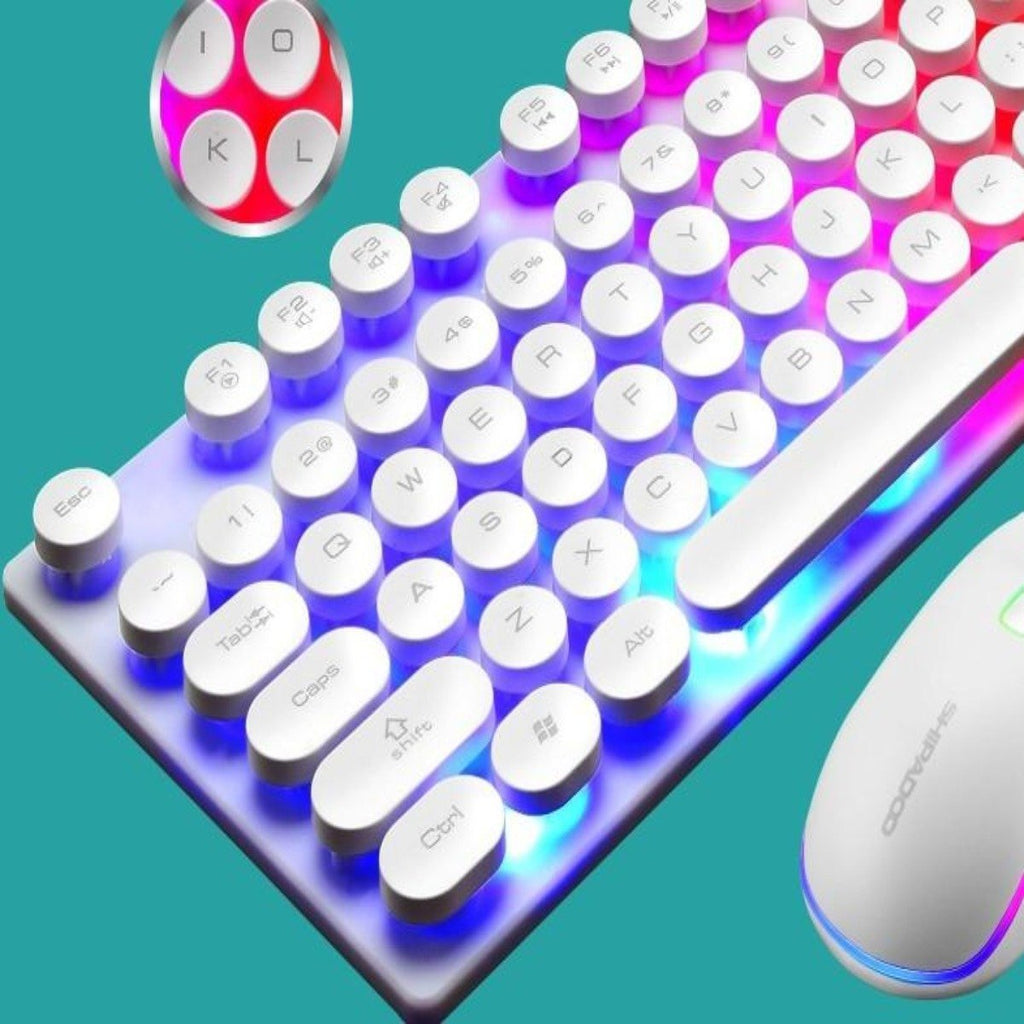 Colorful LED keyboard with a mouse on a teal background
