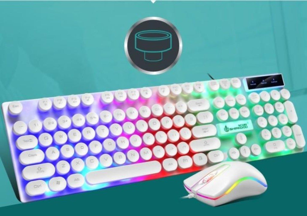 Gaming keyboard with RGB lighting and a mouse on a teal background