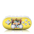 Yellow gaming console with character design on a white background