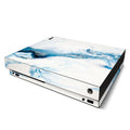 Gaming console with a blue and white abstract design on a white background