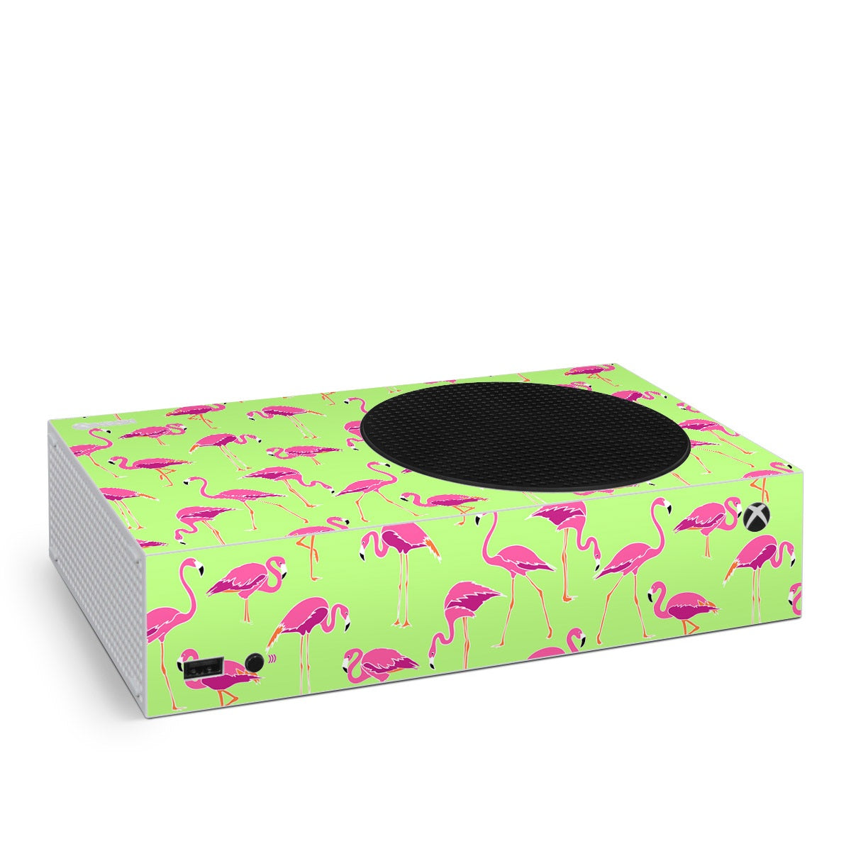 Product with pink flamingo pattern on a green background