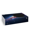 Gaming console with a space-themed skin on a white background