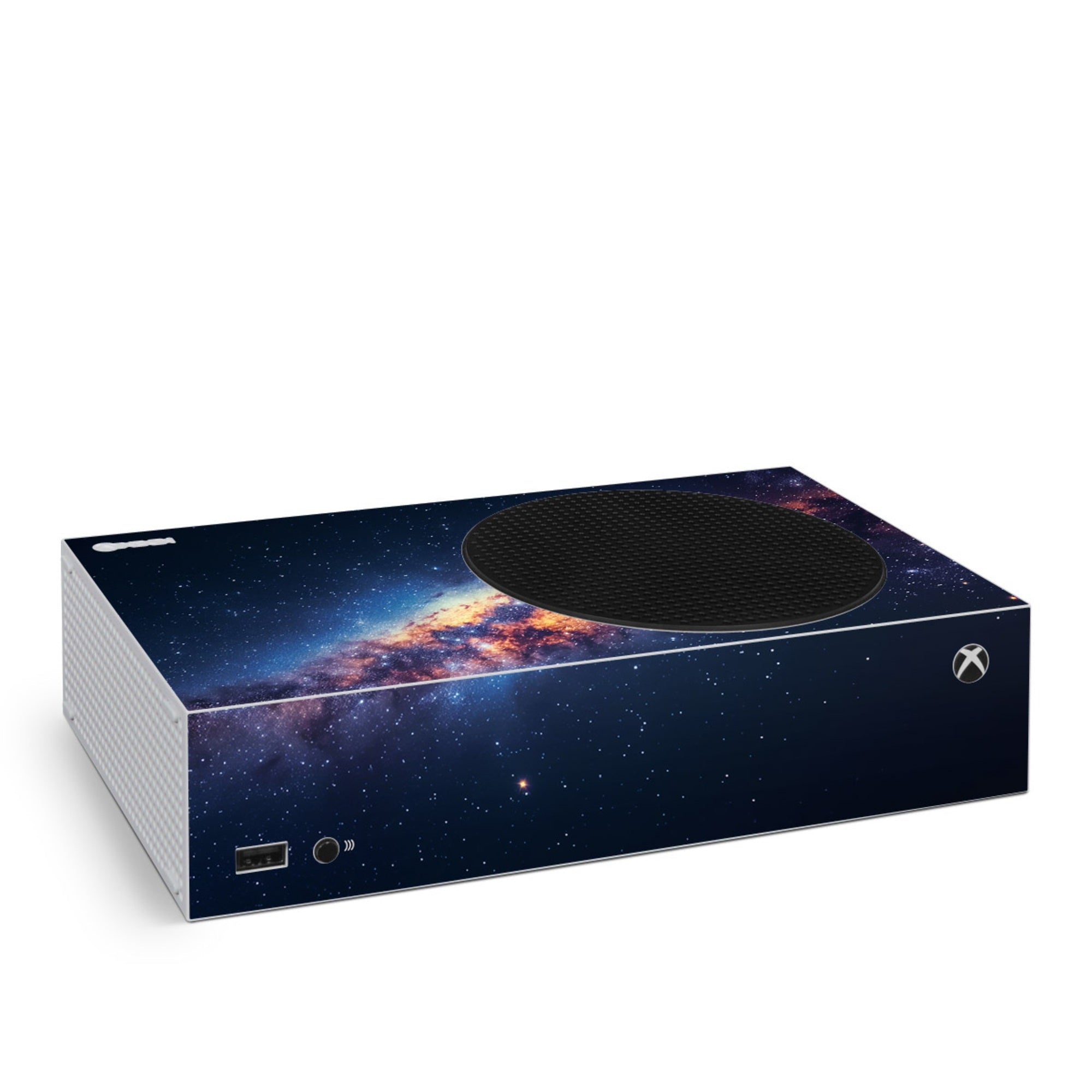 Gaming console with a space-themed skin on a white background