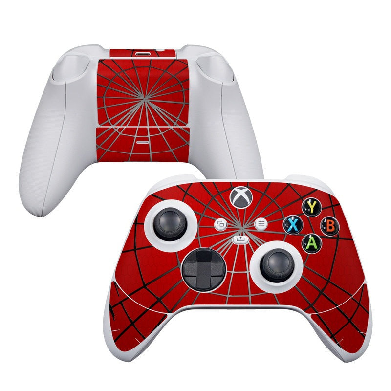 Gaming controller with Spider-Man design on a white background
