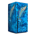 Blue box with a skeleton design on a white background