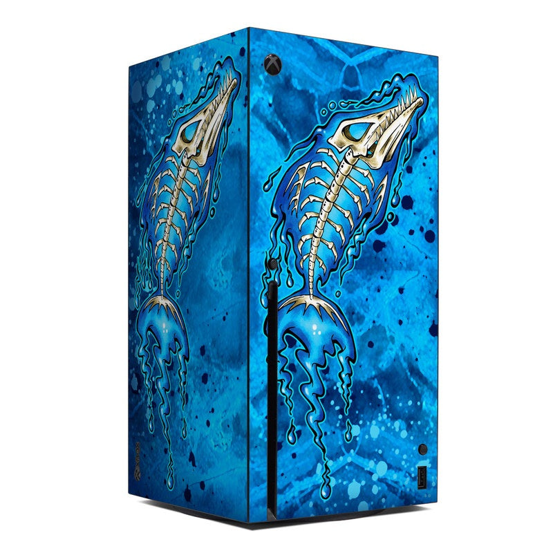 Blue box with a skeleton design on a white background