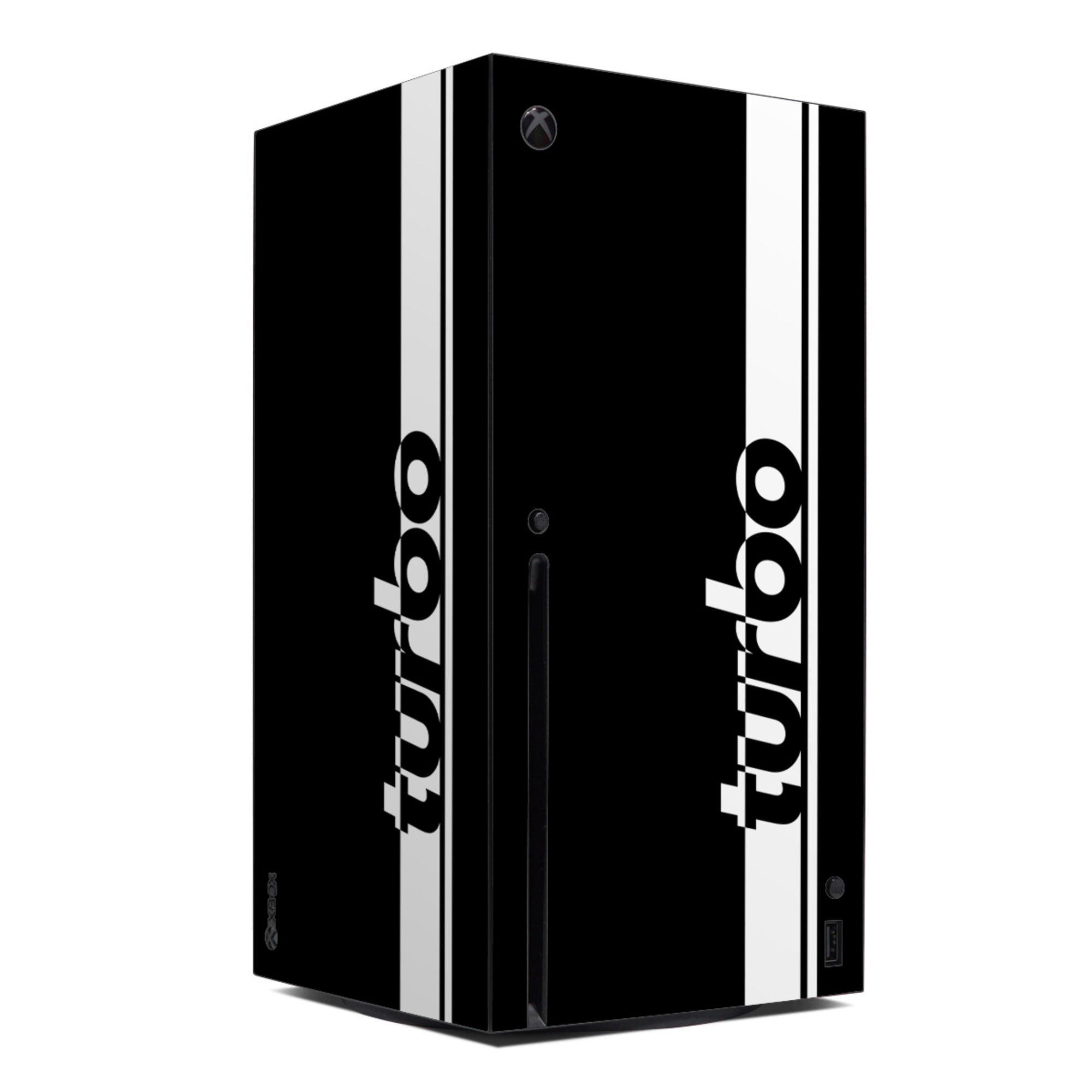 Black gaming console with 'turbo' branding on a white background