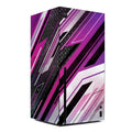 Gaming console with a purple and black pattern on a white background
