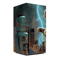 Gaming console with robot and cityscape design on the packaging