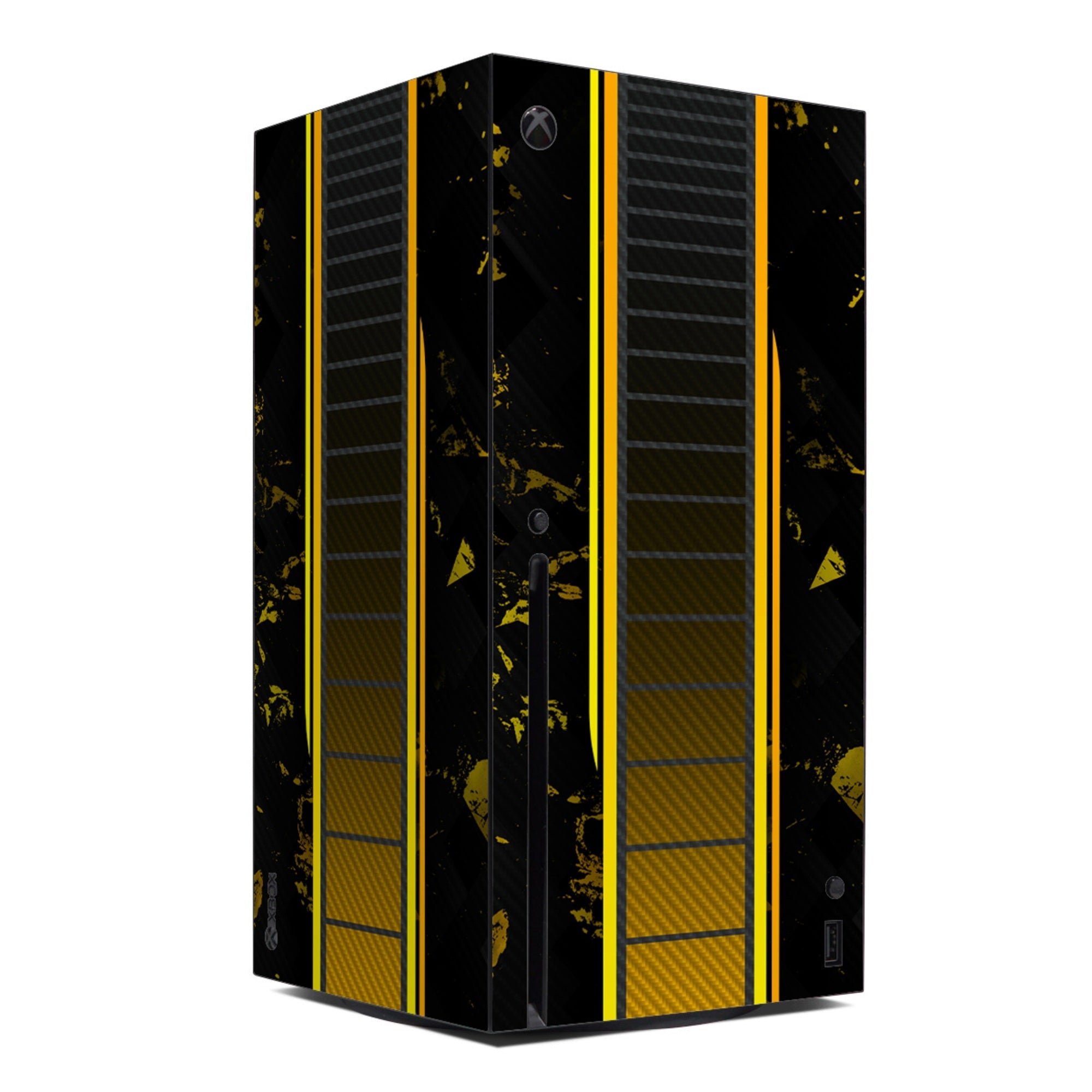 Gaming console with black and yellow design on a white background
