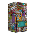 Colorful patterned box with electronic device illustrations on a white background