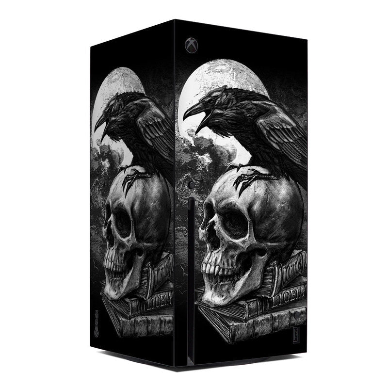 Gothic-themed product packaging with crows on skulls and a moonlit sky.