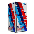 Gaming console with a geometric red, blue, and white design on a white background