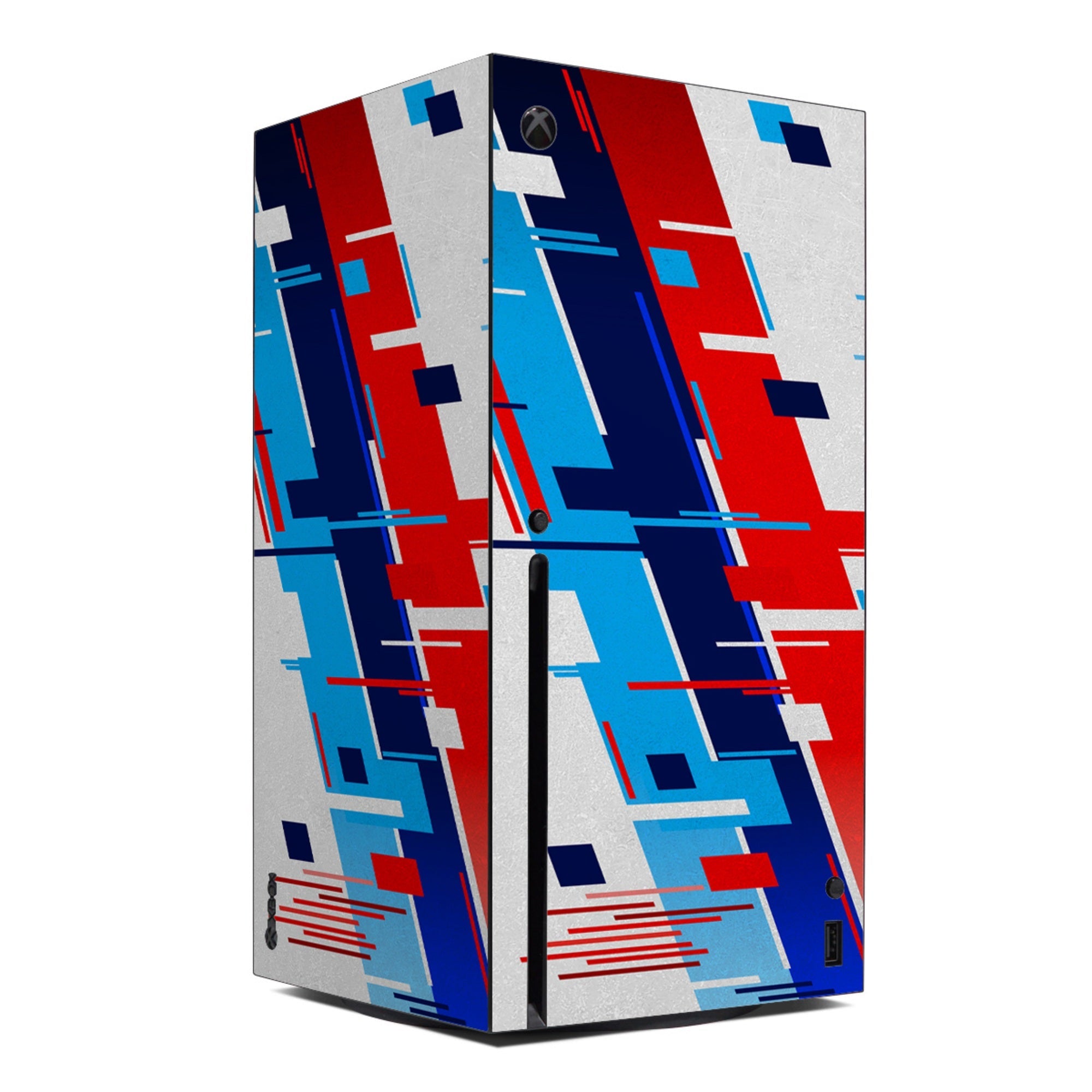 Gaming console with a geometric red, blue, and white design on a white background