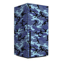 Blue camouflage-patterned product with black silhouettes on a white background