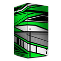 Green, black, and gray geometric patterned box on a white background
