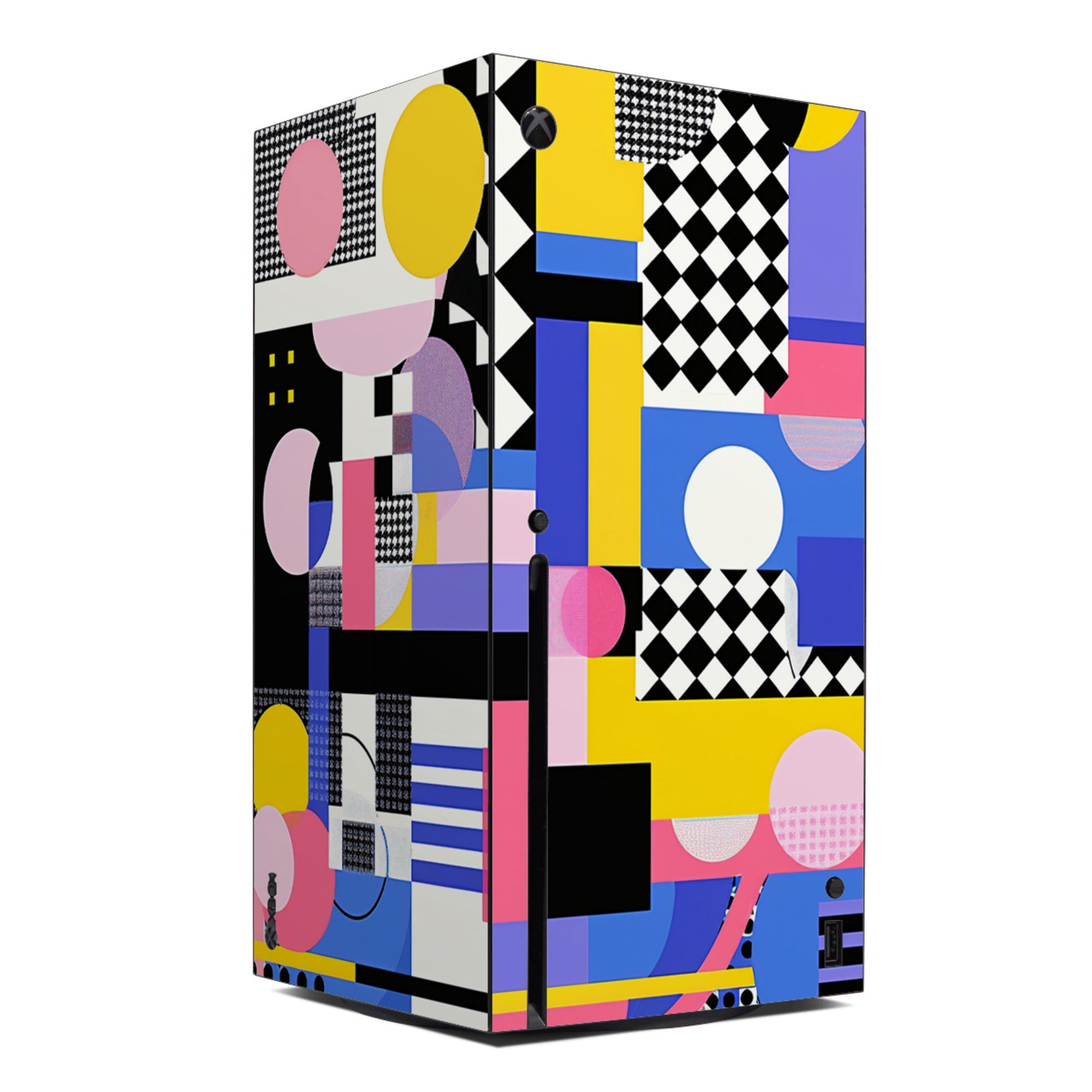 Colorful geometric patterned box on a white background