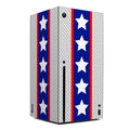 Gaming console with a red, white, and blue star pattern on a white background