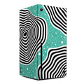 Product packaging with black and white wavy patterns on a teal background