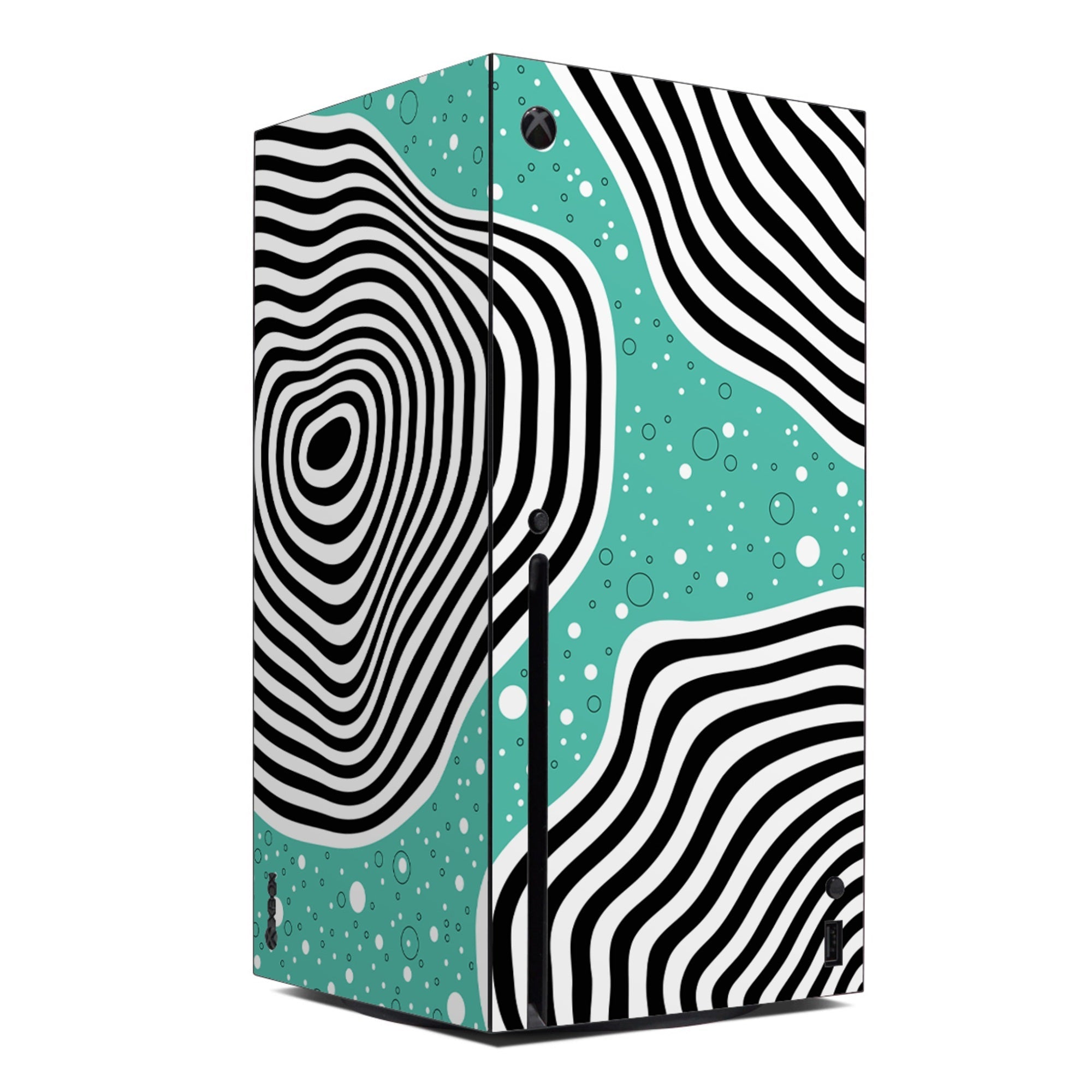 Product packaging with black and white wavy patterns on a teal background