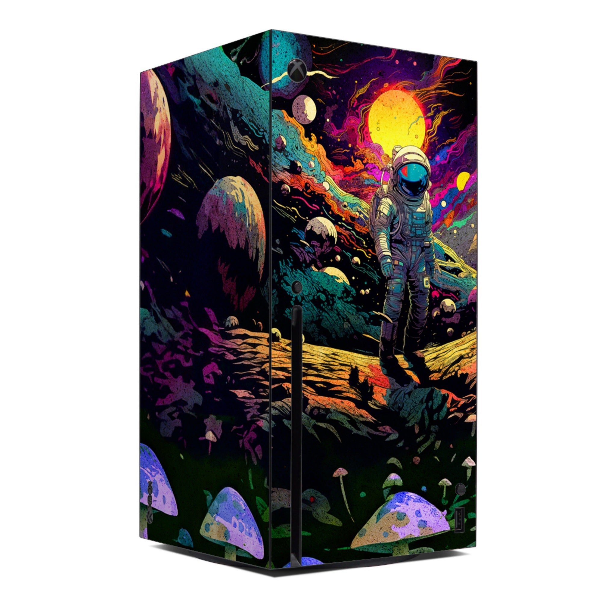 Colorful gaming console with an astronaut and space-themed design on a white background