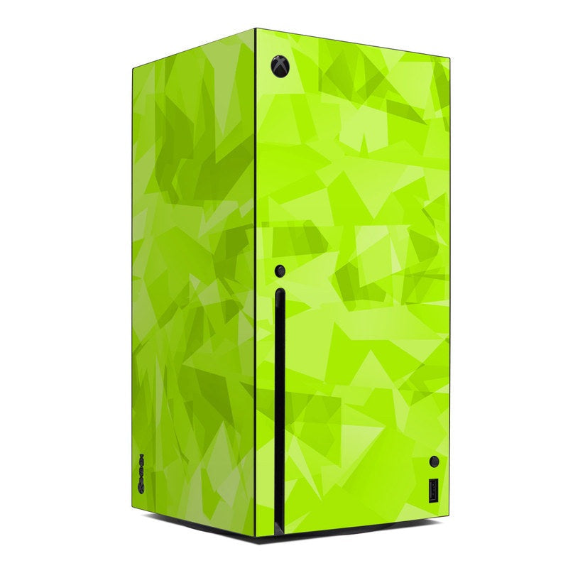 Glossy green gaming console with geometric pattern on a white background