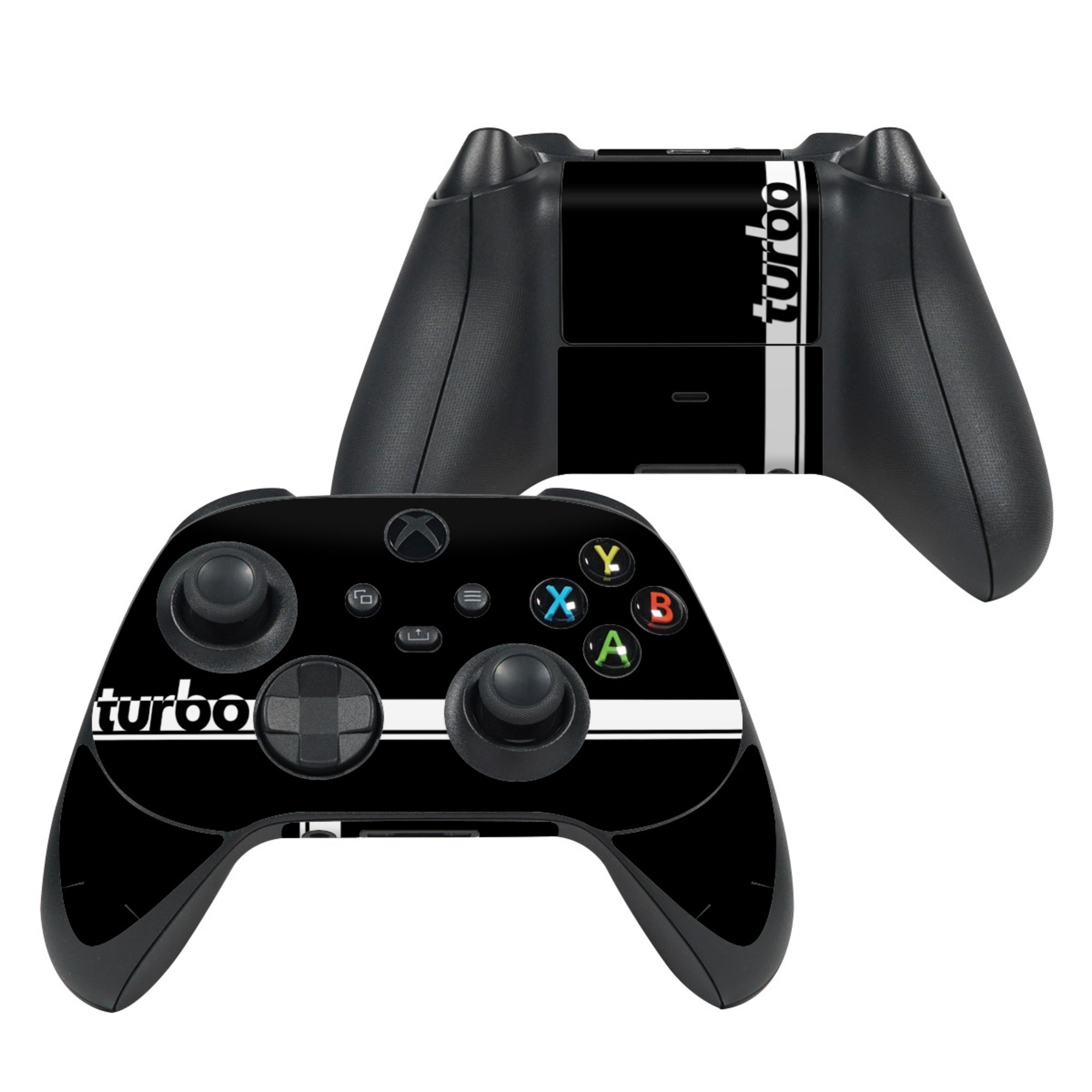 Black gaming controller with 'turbo' branding on a white background