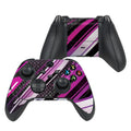 Gaming controller with a black and purple abstract design on a white background