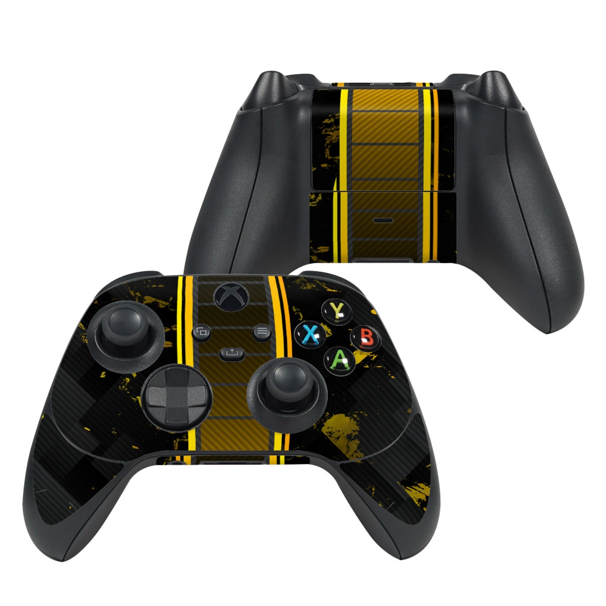 Black gaming controller with yellow accents on a white background