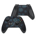 Black gaming controllers with blue hexagonal pattern on a white background