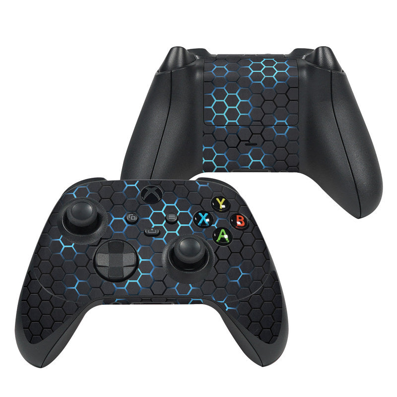 Black gaming controllers with blue hexagonal pattern on a white background