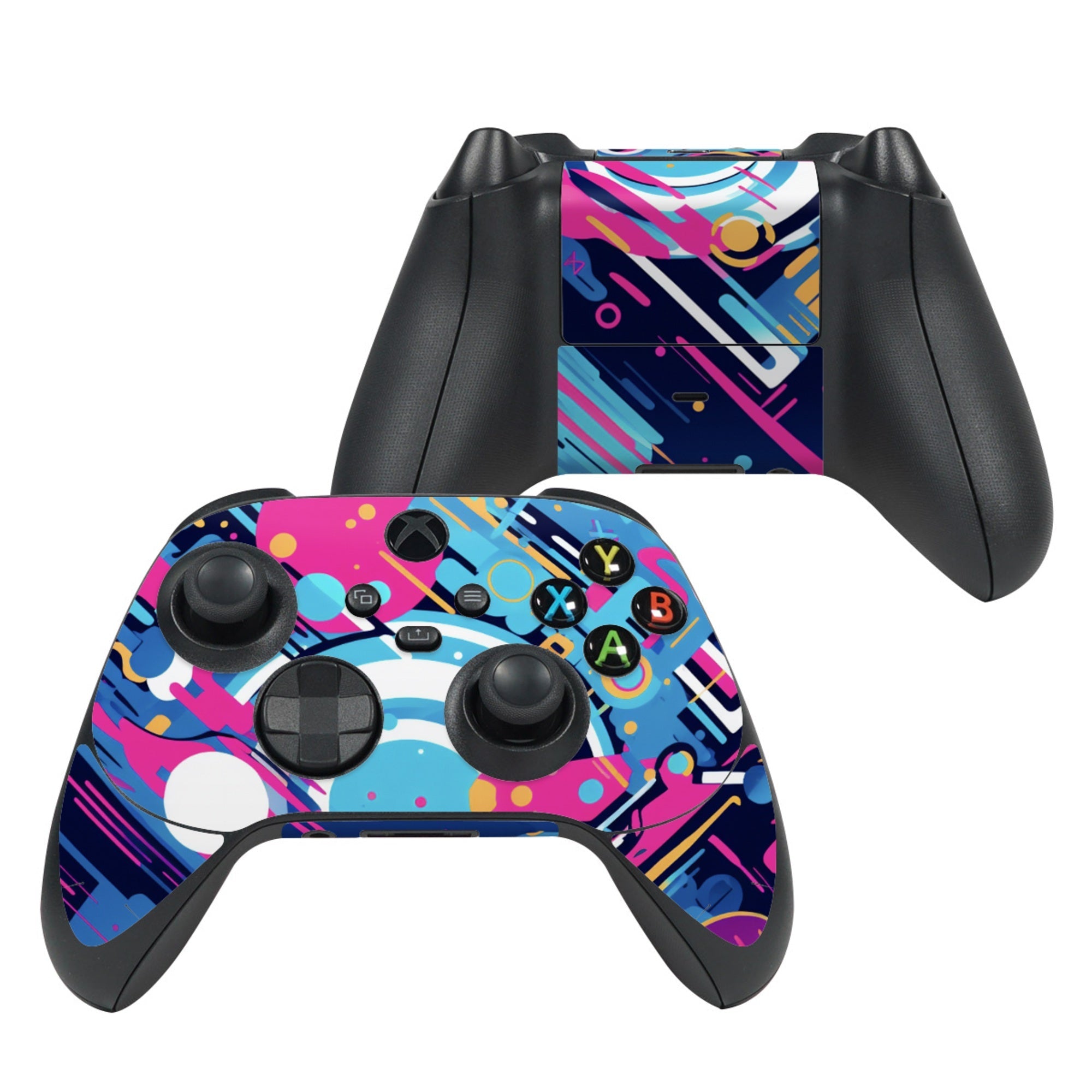 Gaming controller with colorful abstract design on a white background